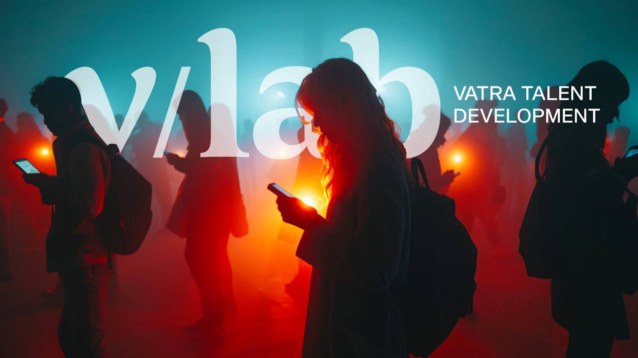 Silueti na lugje što gledaat vo telefonite pod logoto v/lab, Vatra Talent Development